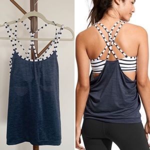 ATHLETA Energize Tank Navy White Stripe Built-in Sports Bra Strappy Size Medium